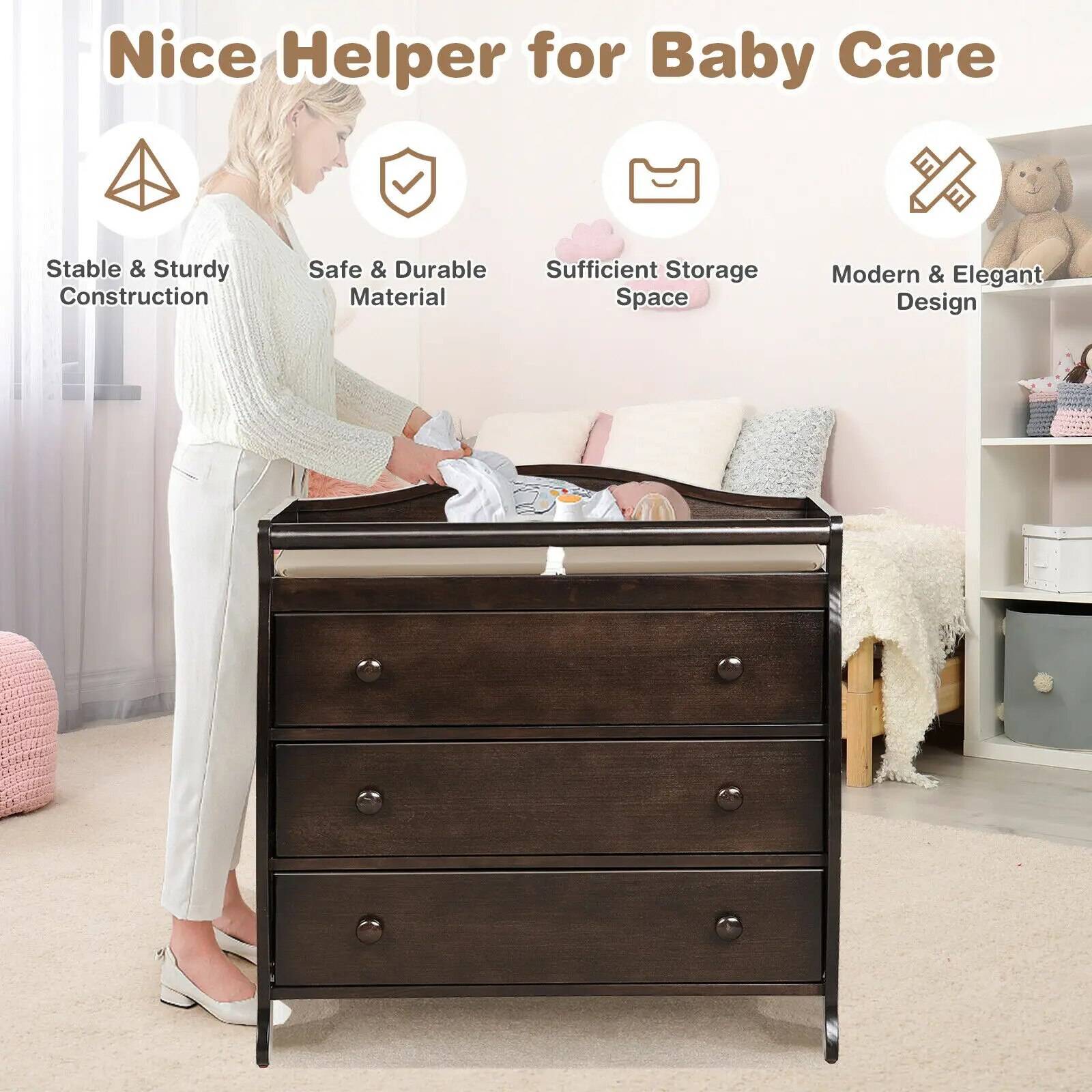 Brown 3-Drawer Baby Changing Station with Safety Belt Kids’ Room Brown 3-Drawer Baby Changing Station with Safety Belt Kids' Room