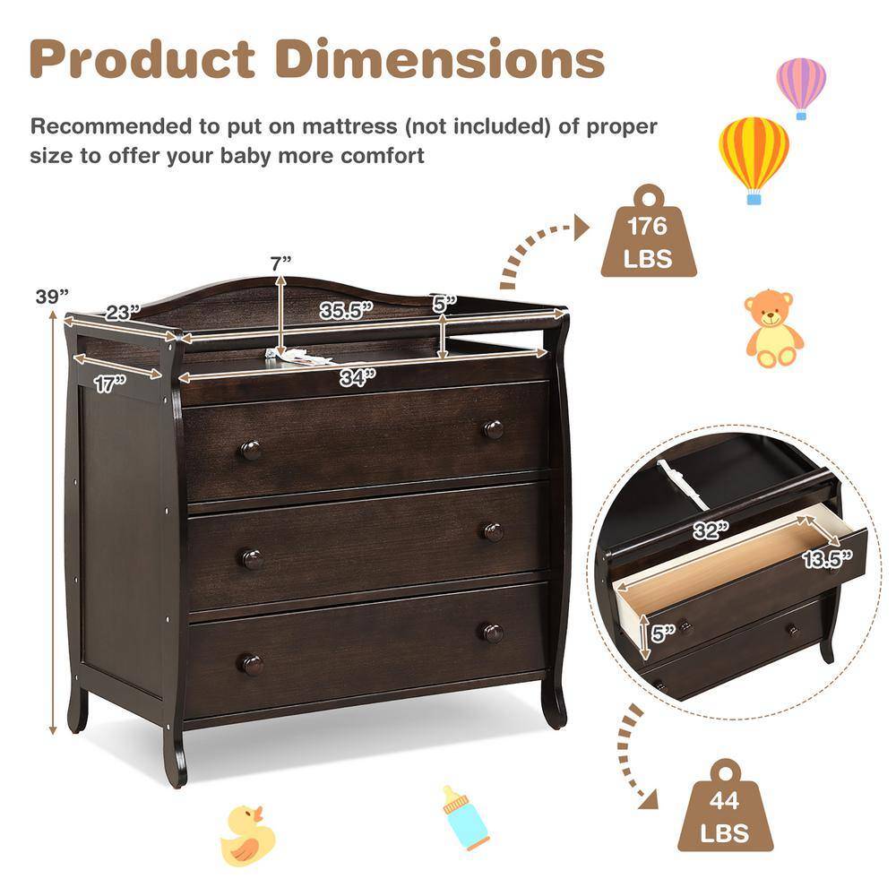 Brown 3-Drawer Baby Changing Station with Safety Belt Kids’ Room Brown 3-Drawer Baby Changing Station with Safety Belt Kids' Room