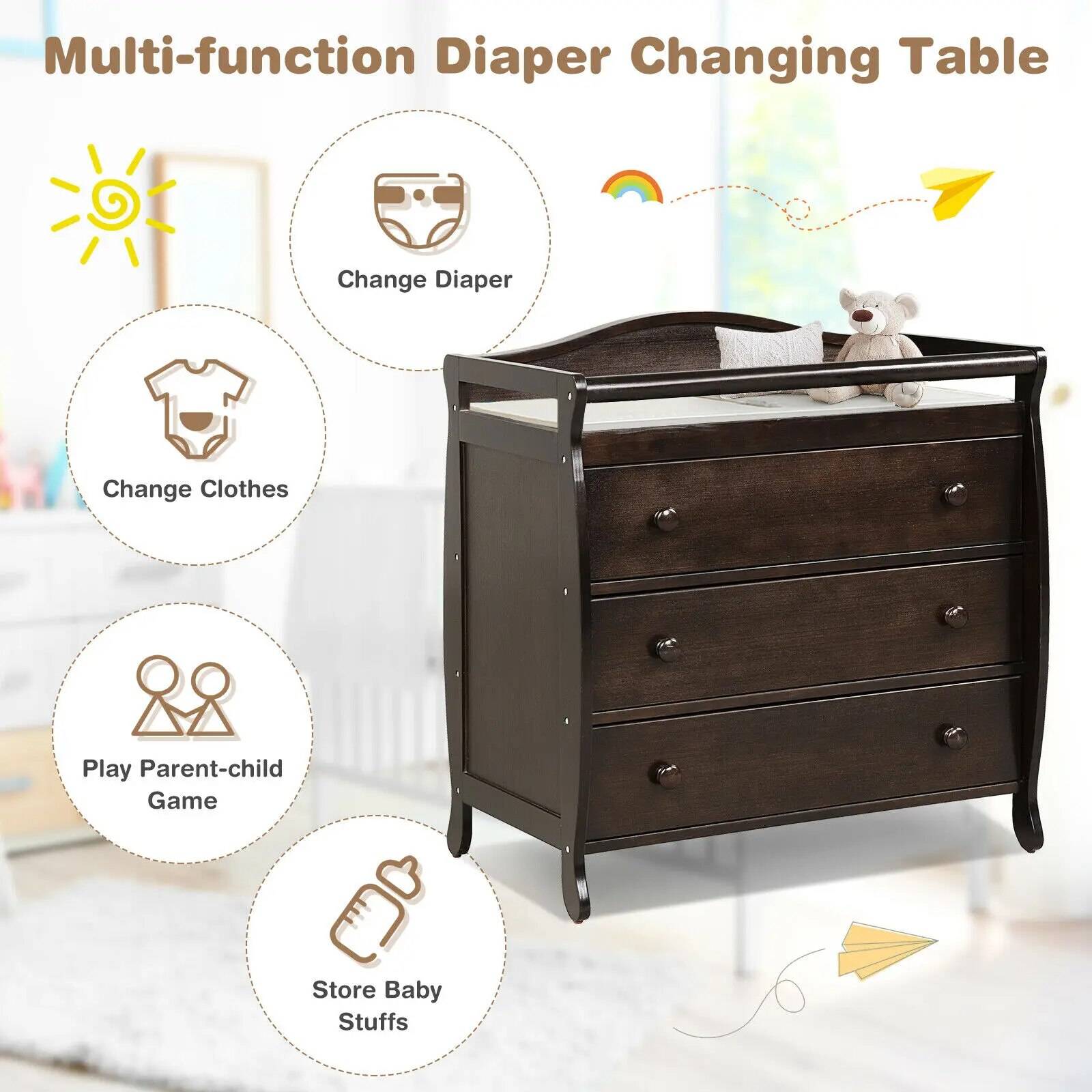 Brown 3-Drawer Baby Changing Station with Safety Belt Kids’ Room Brown 3-Drawer Baby Changing Station with Safety Belt Kids' Room