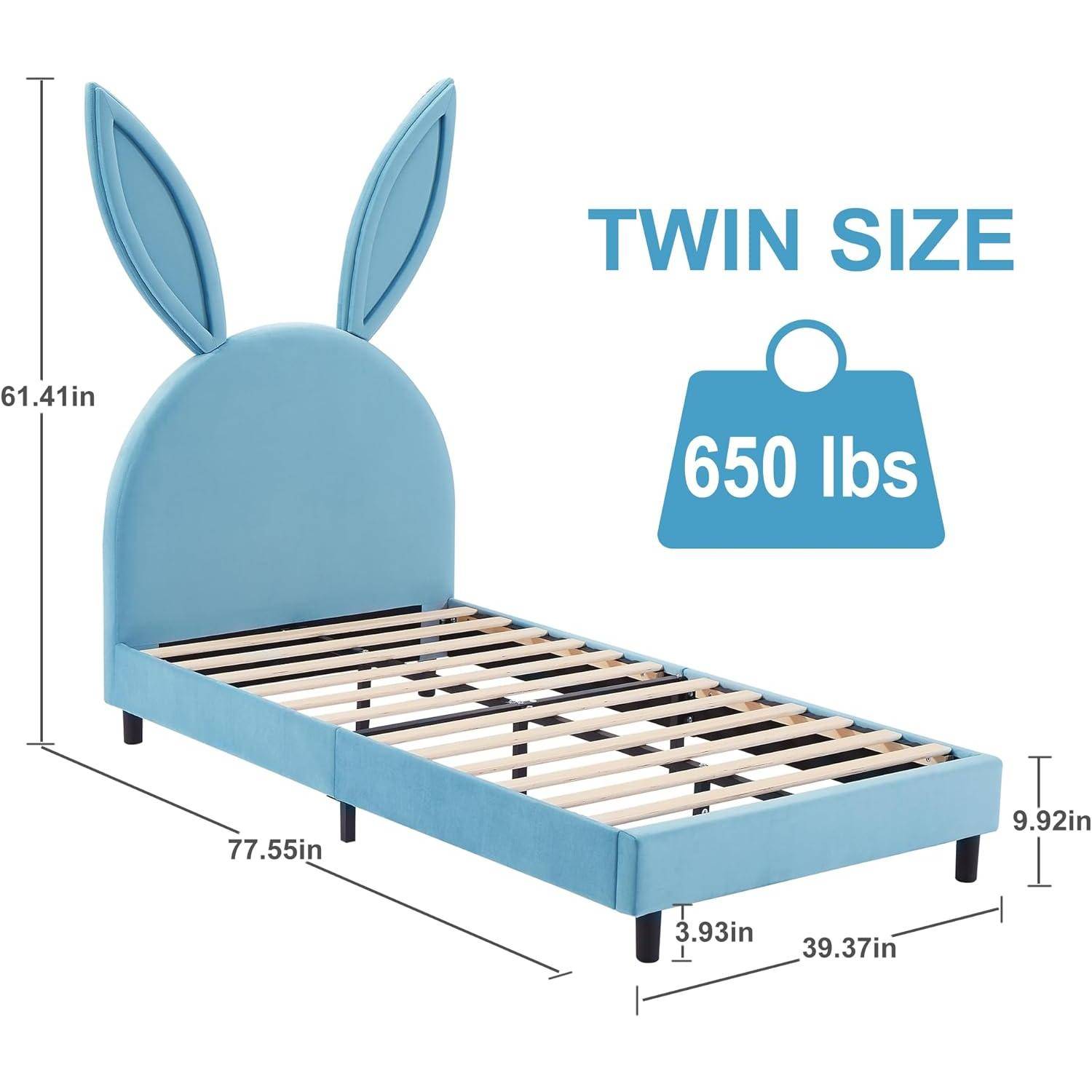Charming Twin Platform Bed for Kids – Velvet Padded Rabbit Design, Wooden Slats Support Kids’ Room Charming Twin Platform Bed for Kids - Velvet Padded Rabbit Design, Wooden Slats Support Kids' Room
