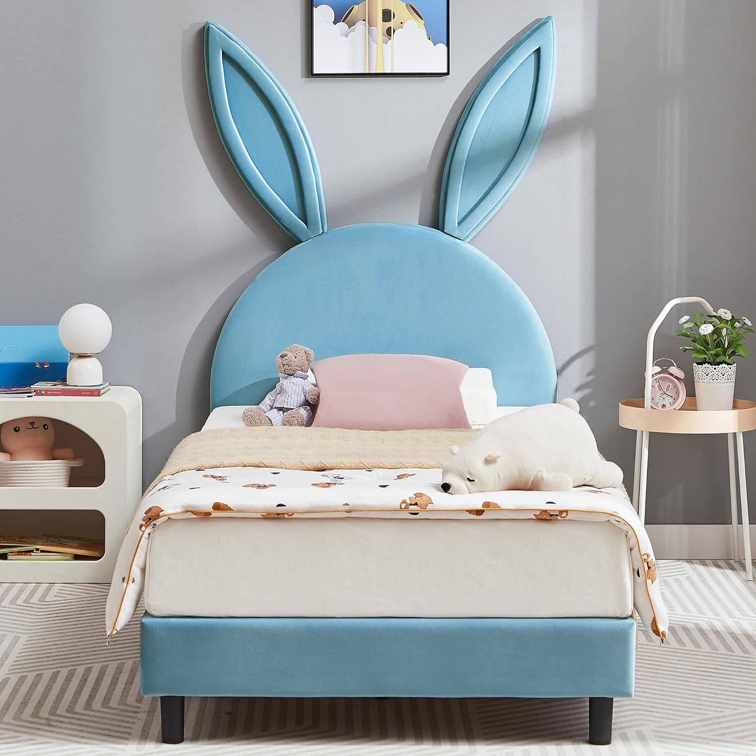 Charming Twin Platform Bed for Kids – Velvet Padded Rabbit Design, Wooden Slats Support Kids’ Room Charming Twin Platform Bed for Kids - Velvet Padded Rabbit Design, Wooden Slats Support Kids' Room