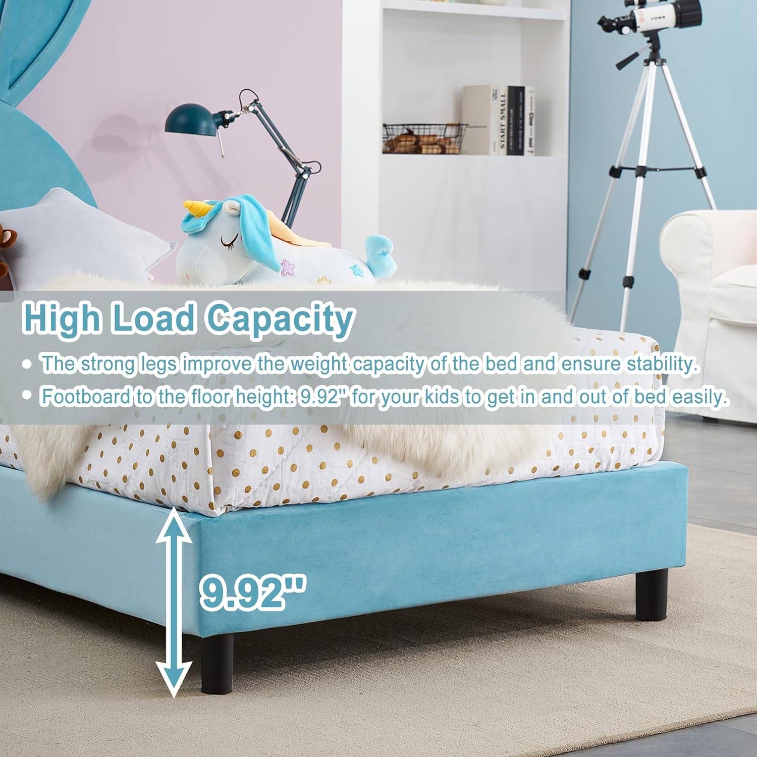 Charming Twin Platform Bed for Kids – Velvet Padded Rabbit Design, Wooden Slats Support Kids’ Room Charming Twin Platform Bed for Kids - Velvet Padded Rabbit Design, Wooden Slats Support Kids' Room