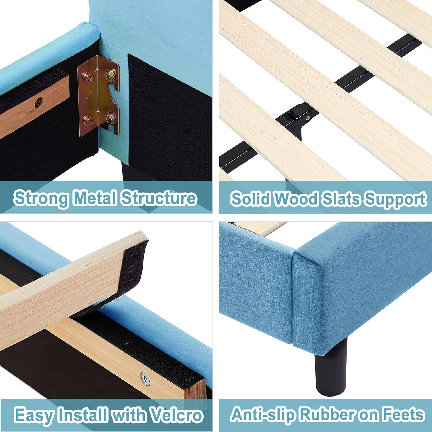 Charming Twin Platform Bed for Kids – Velvet Padded Rabbit Design, Wooden Slats Support Kids’ Room Charming Twin Platform Bed for Kids - Velvet Padded Rabbit Design, Wooden Slats Support Kids' Room