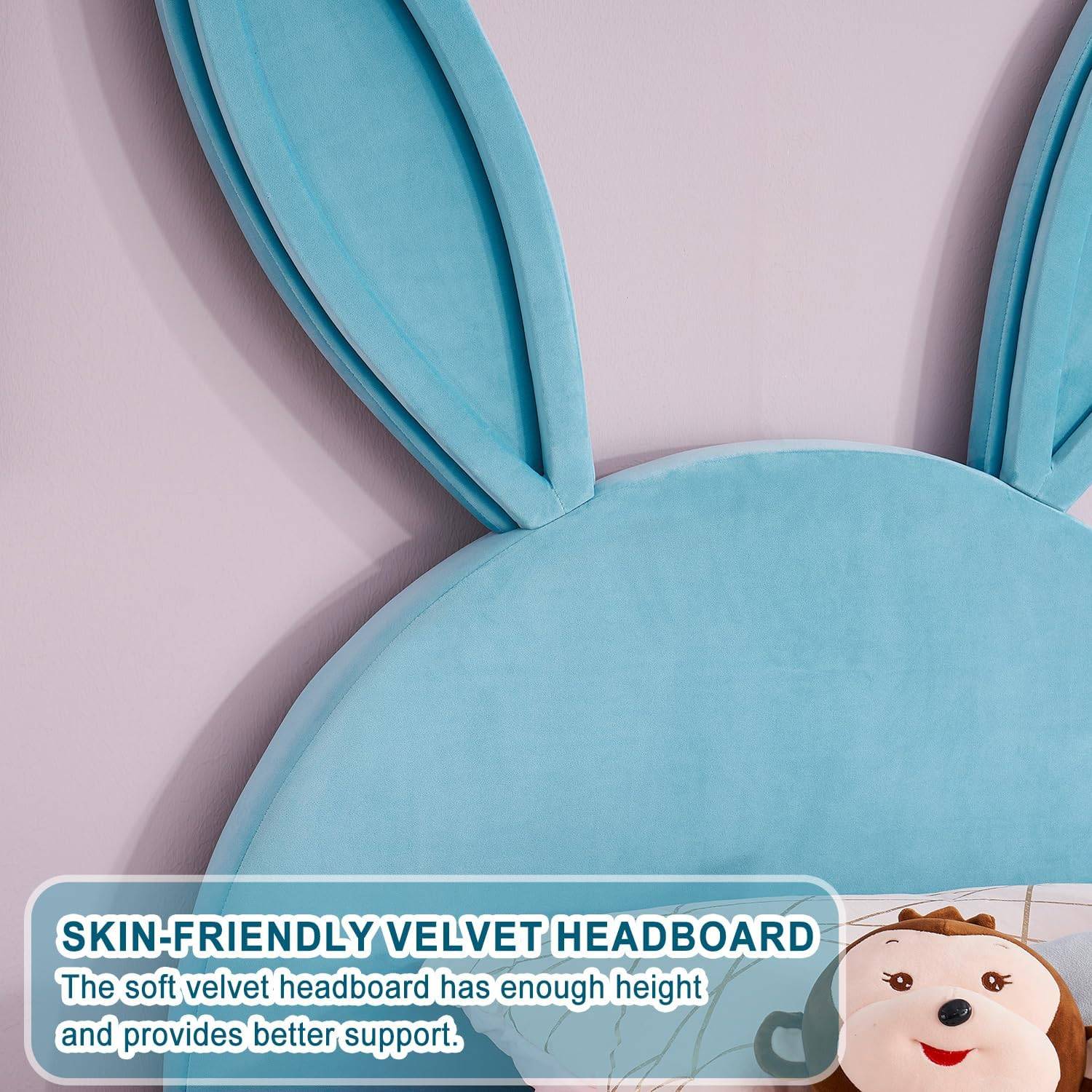 Charming Twin Platform Bed for Kids – Velvet Padded Rabbit Design, Wooden Slats Support Kids’ Room Charming Twin Platform Bed for Kids - Velvet Padded Rabbit Design, Wooden Slats Support Kids' Room