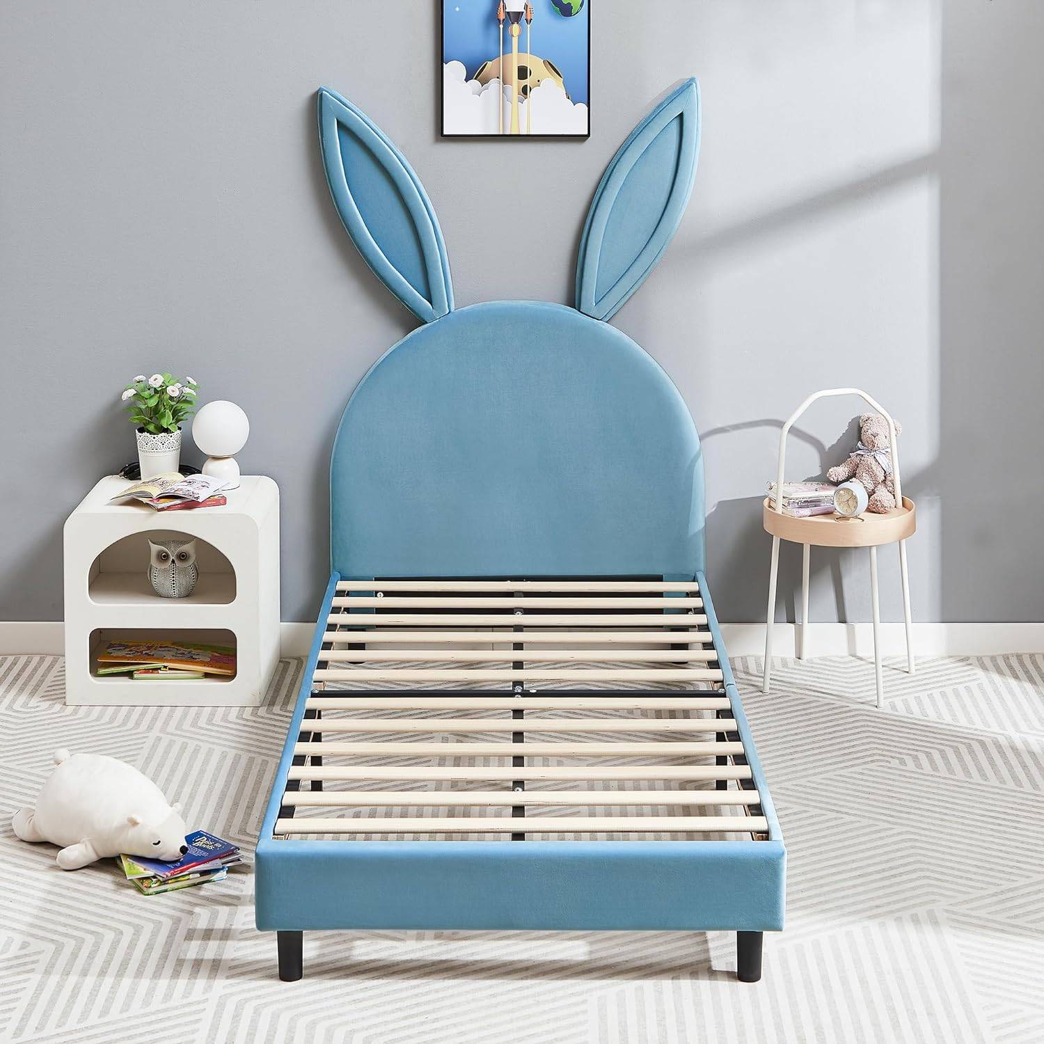 Charming Twin Platform Bed for Kids – Velvet Padded Rabbit Design, Wooden Slats Support Kids’ Room Charming Twin Platform Bed for Kids - Velvet Padded Rabbit Design, Wooden Slats Support Kids' Room