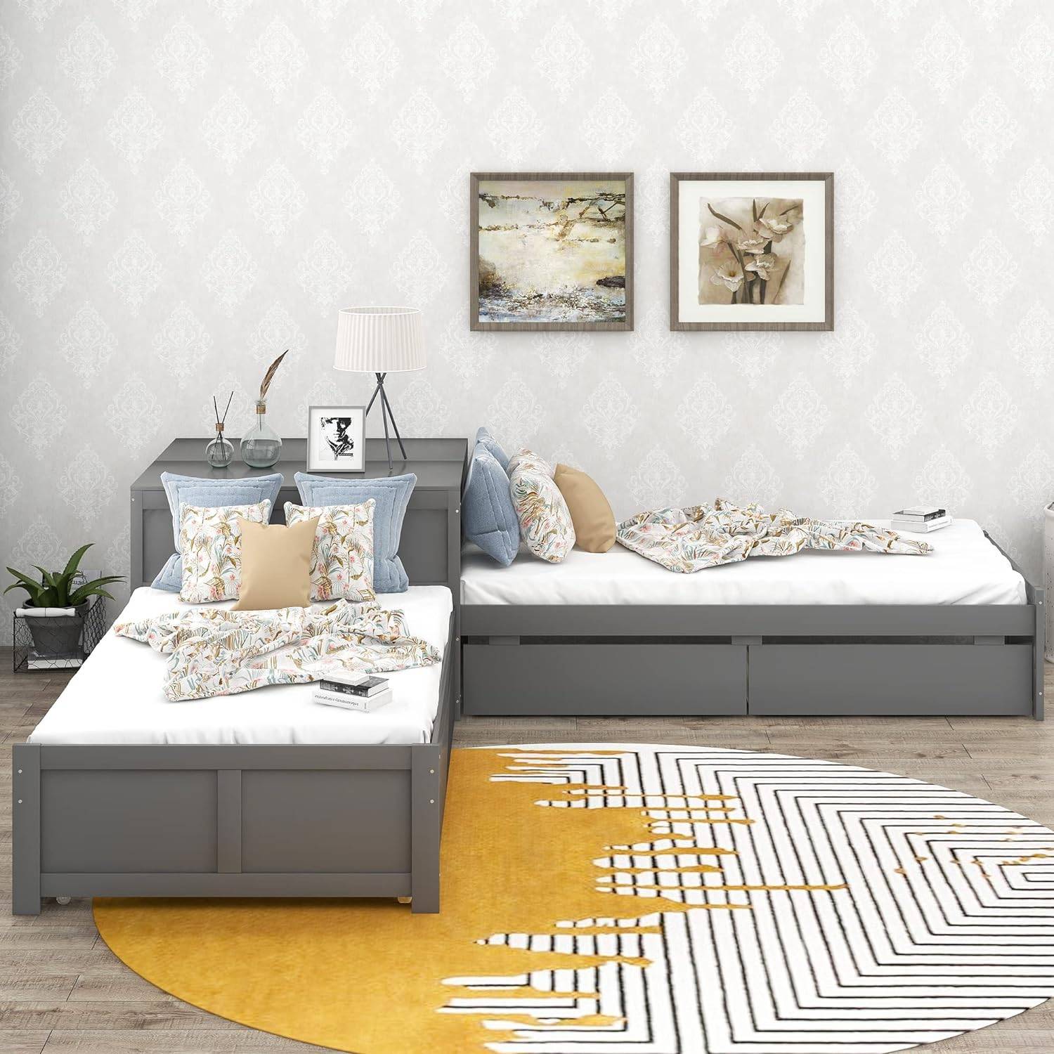 Gray L-Shaped Twin Platform Bed with Trundle and Storage for Kids Kids’ Room Gray L-Shaped Twin Platform Bed with Trundle and Storage for Kids Kids' Room