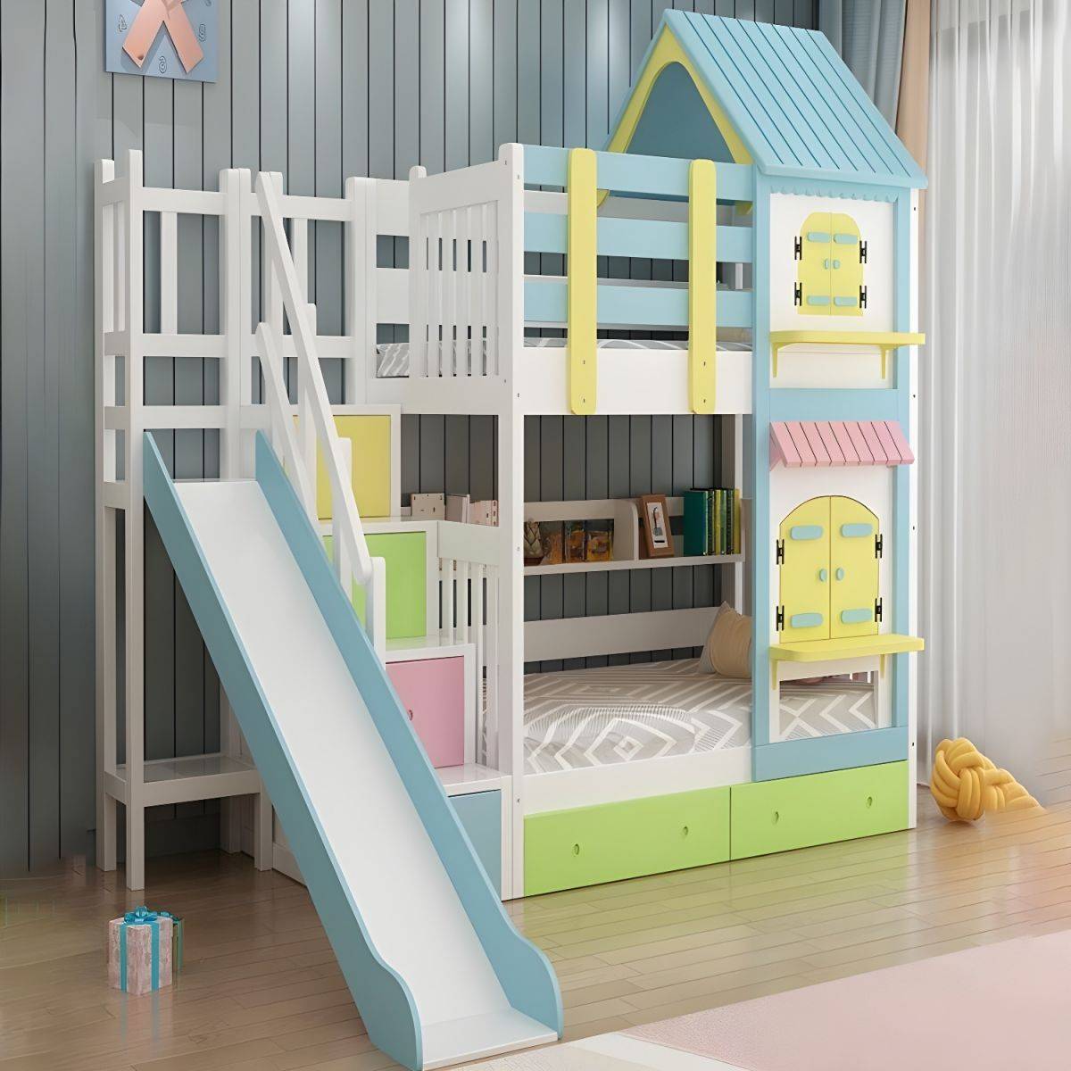 Modern Nordic Wooden Double Bunk Bed with Storage Kids’ Room Type : Blue Slide|Pink Lift|Blue Lift|Pink Slide Modern Nordic Wooden Double Bunk Bed with Storage Kids' Room