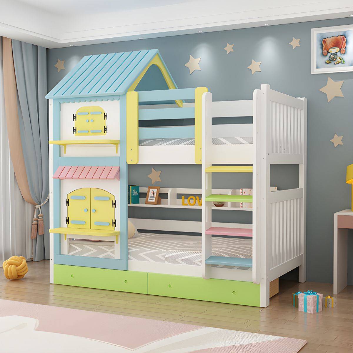 Modern Nordic Wooden Double Bunk Bed with Storage Kids’ Room Type: Blue Lift Size: 1.2m|1.5m Modern Nordic Wooden Double Bunk Bed with Storage Kids' Room Type: Blue Lift Size: 1.2m|1.5m