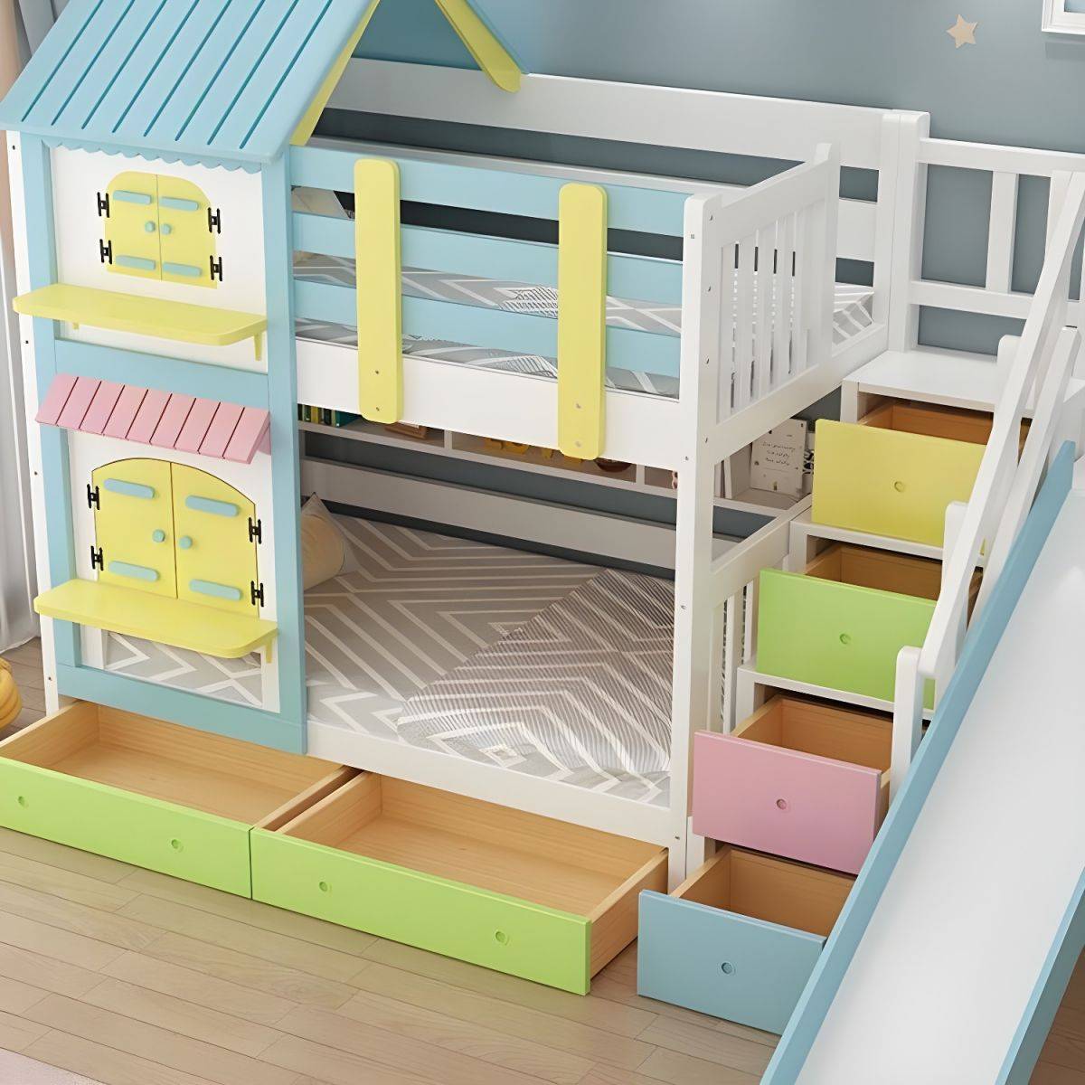 Modern Nordic Wooden Double Bunk Bed with Storage Kids’ Room Type : Blue Slide|Pink Lift|Blue Lift|Pink Slide Modern Nordic Wooden Double Bunk Bed with Storage Kids' Room