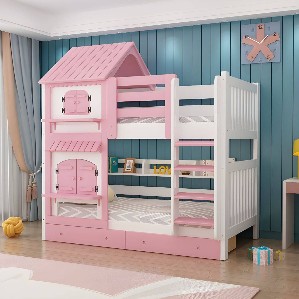 Modern Nordic Wooden Double Bunk Bed with Storage Kids’ Room Type: Pink Lift Size: 1.2m|1.5m Modern Nordic Wooden Double Bunk Bed with Storage Kids' Room Type: Pink Lift Size: 1.2m|1.5m