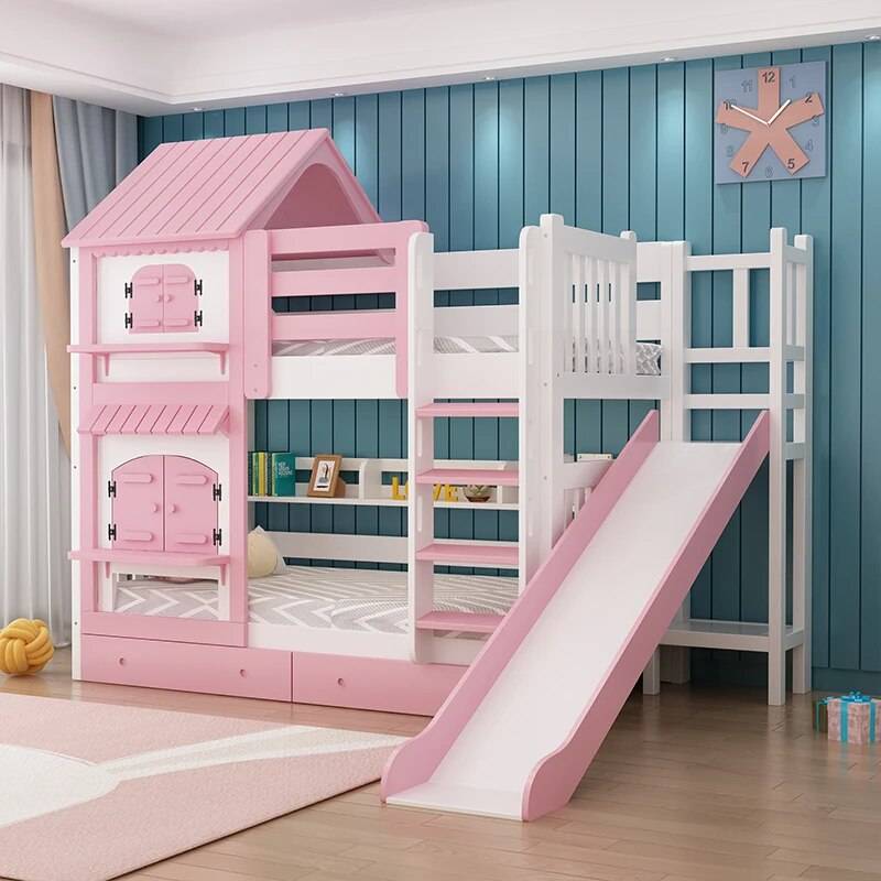 Modern Nordic Wooden Double Bunk Bed with Storage Kids’ Room Type : Blue Slide|Pink Lift|Blue Lift|Pink Slide Modern Nordic Wooden Double Bunk Bed with Storage Kids' Room