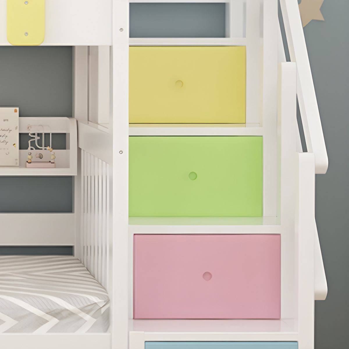 Modern Nordic Wooden Double Bunk Bed with Storage Kids’ Room Type : Blue Slide|Pink Lift|Blue Lift|Pink Slide Modern Nordic Wooden Double Bunk Bed with Storage Kids' Room