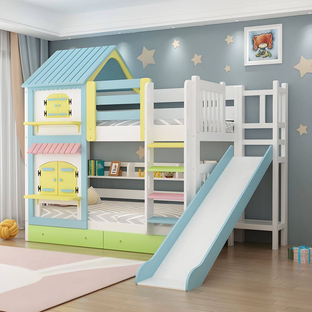 Modern Nordic Wooden Double Bunk Bed with Storage Kids’ Room Type: Blue Slide Size: 1.2m|1.5m Modern Nordic Wooden Double Bunk Bed with Storage Kids' Room Type: Blue Slide Size: 1.2m|1.5m