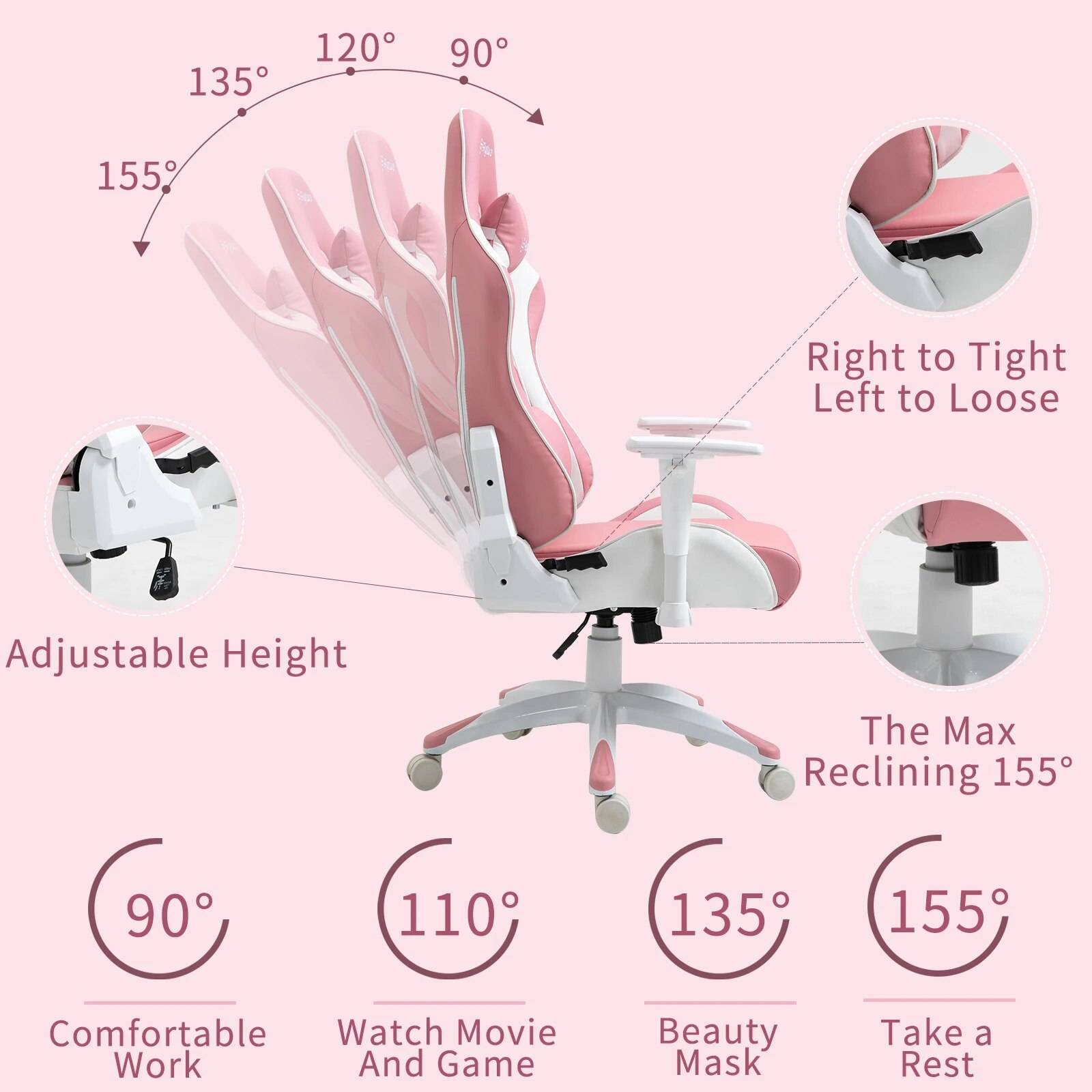Pink Ergonomic Gaming & Office Chair with Adjustable Armrests and High Backrest Kids’ Room Pink Ergonomic Gaming & Office Chair with Adjustable Armrests and High Backrest Kids' Room
