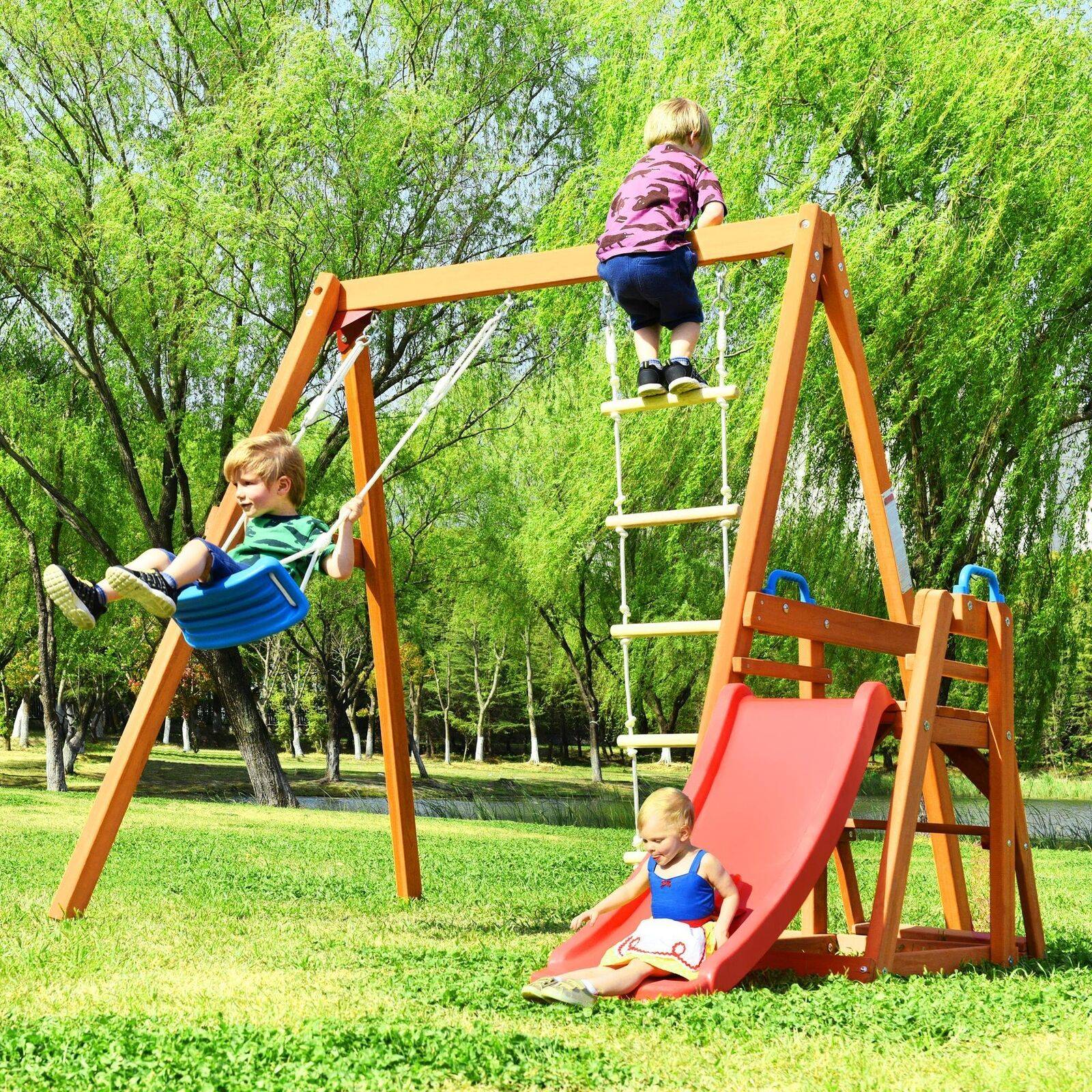 Solid Wood Outdoor Playset: Swing, Slide & Climbing Adventure for Kids Activity & Entertainment Solid Wood Outdoor Playset: Swing, Slide & Climbing Adventure for Kids Activity & Entertainment