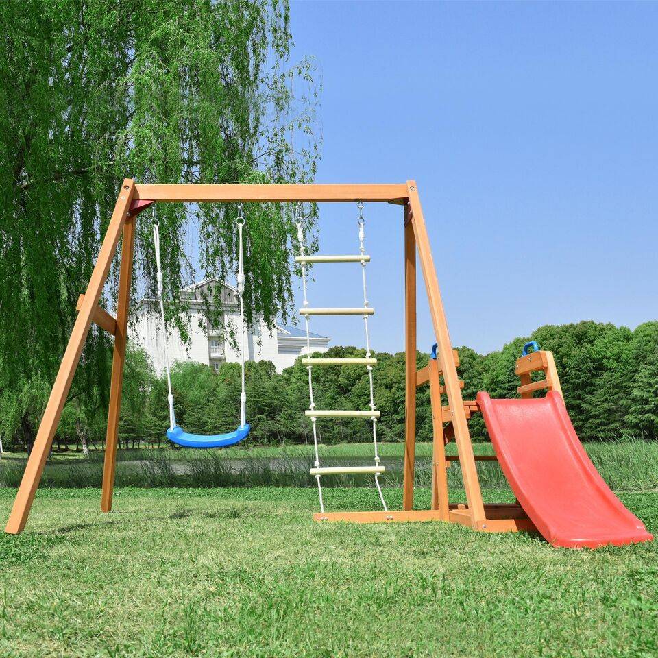 Solid Wood Outdoor Playset: Swing, Slide & Climbing Adventure for Kids Activity & Entertainment Solid Wood Outdoor Playset: Swing, Slide & Climbing Adventure for Kids Activity & Entertainment