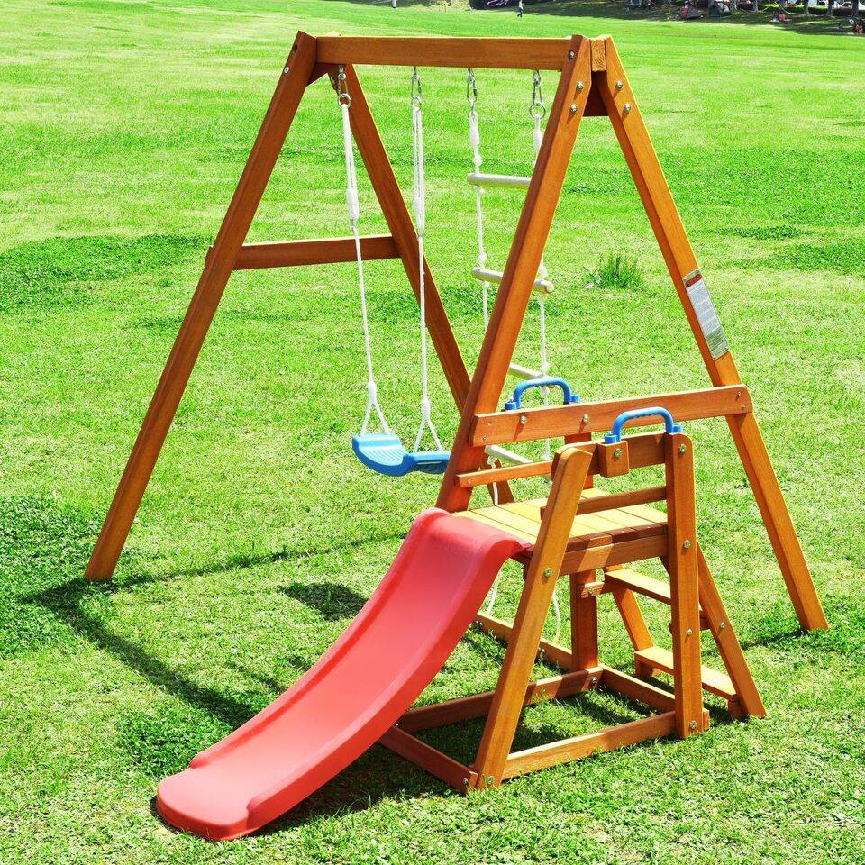 Solid Wood Outdoor Playset: Swing, Slide & Climbing Adventure for Kids Activity & Entertainment Solid Wood Outdoor Playset: Swing, Slide & Climbing Adventure for Kids Activity & Entertainment