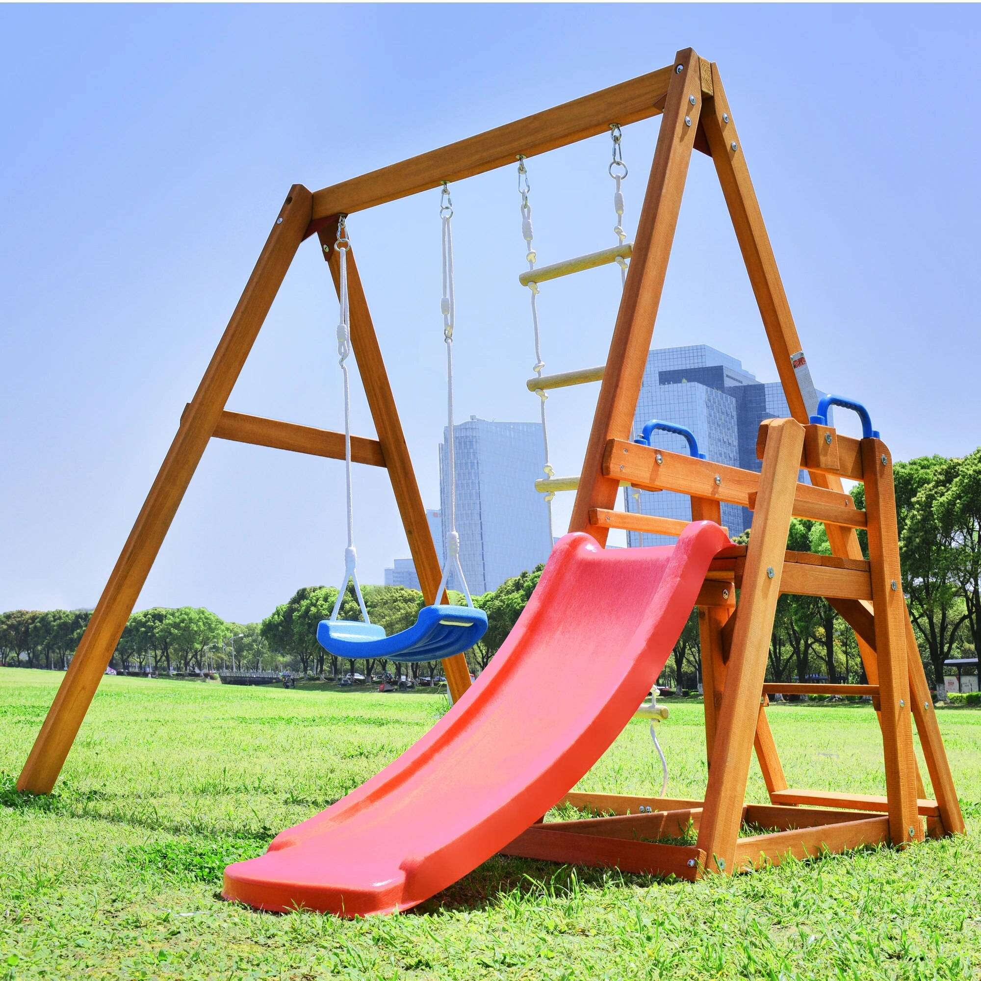 Solid Wood Outdoor Playset: Swing, Slide & Climbing Adventure for Kids Activity & Entertainment Solid Wood Outdoor Playset: Swing, Slide & Climbing Adventure for Kids Activity & Entertainment