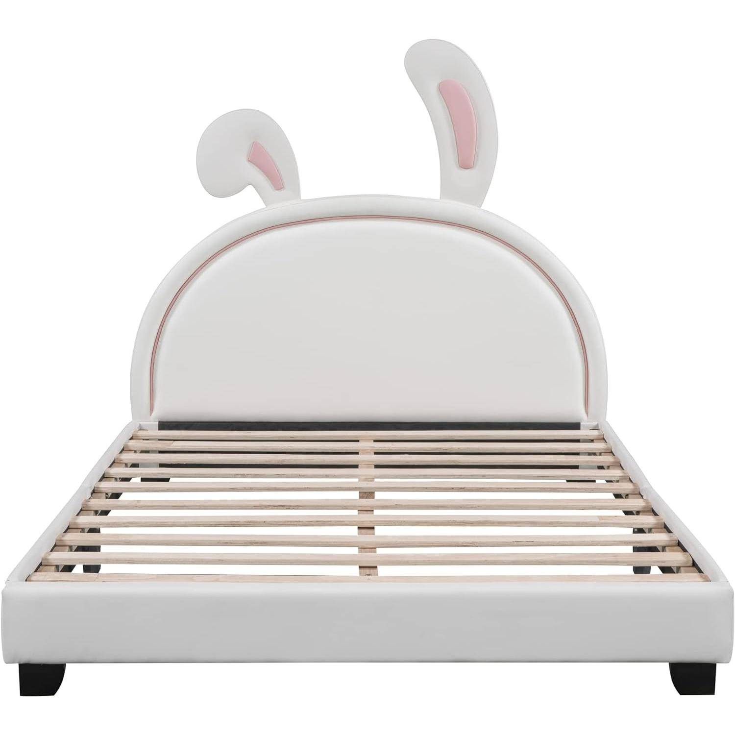 Twin Rabbit Upholstered Bed Frame – Princess PU Platform with Slatted Stand, Perfect for Children’s Bedroom Kids’ Room Twin Rabbit Upholstered Bed Frame - Princess PU Platform with Slatted Stand, Perfect for Children's Bedroom Kids' Room