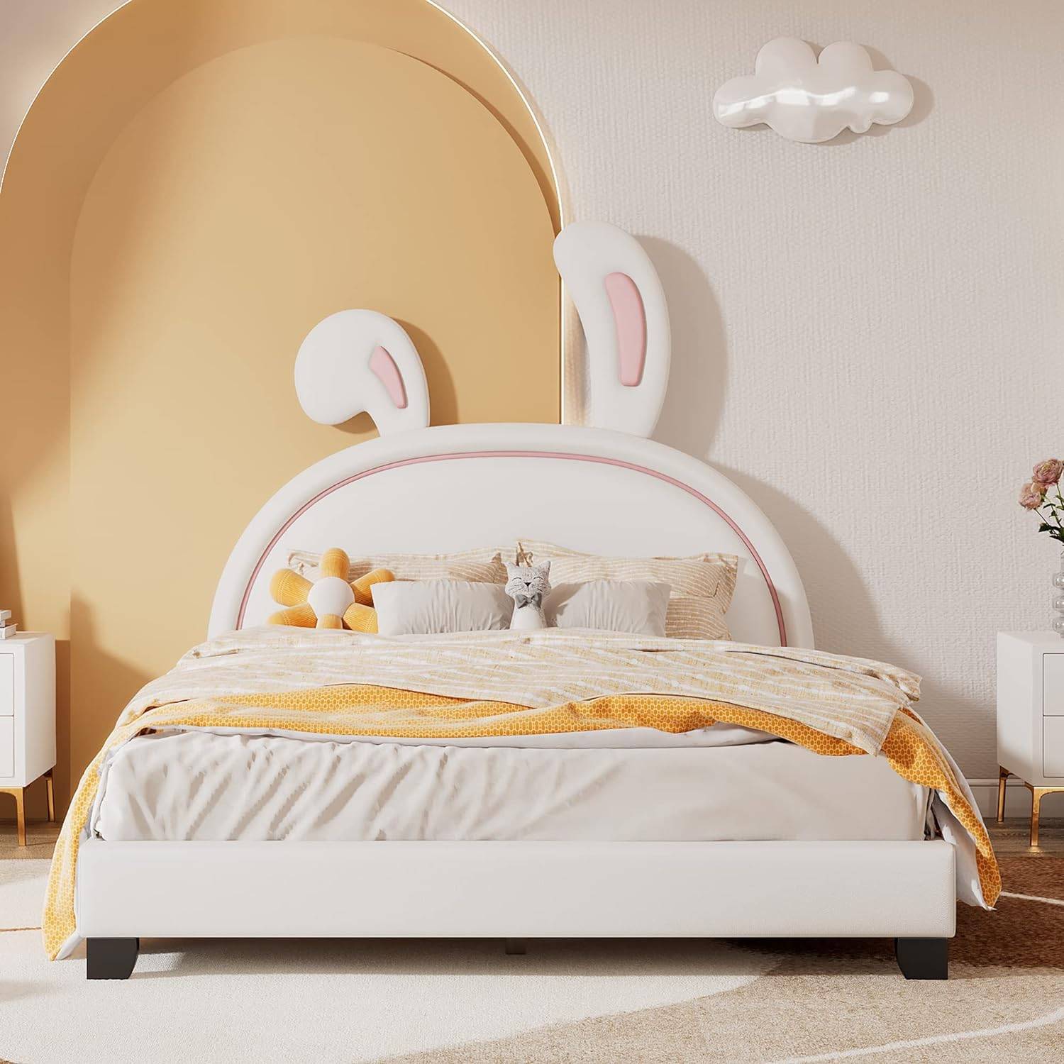 Twin Rabbit Upholstered Bed Frame – Princess PU Platform with Slatted Stand, Perfect for Children’s Bedroom Kids’ Room Twin Rabbit Upholstered Bed Frame - Princess PU Platform with Slatted Stand, Perfect for Children's Bedroom Kids' Room