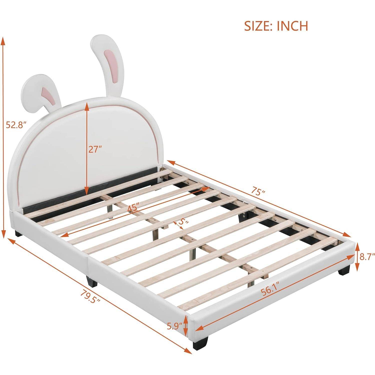 Twin Rabbit Upholstered Bed Frame – Princess PU Platform with Slatted Stand, Perfect for Children’s Bedroom Kids’ Room Twin Rabbit Upholstered Bed Frame - Princess PU Platform with Slatted Stand, Perfect for Children's Bedroom Kids' Room