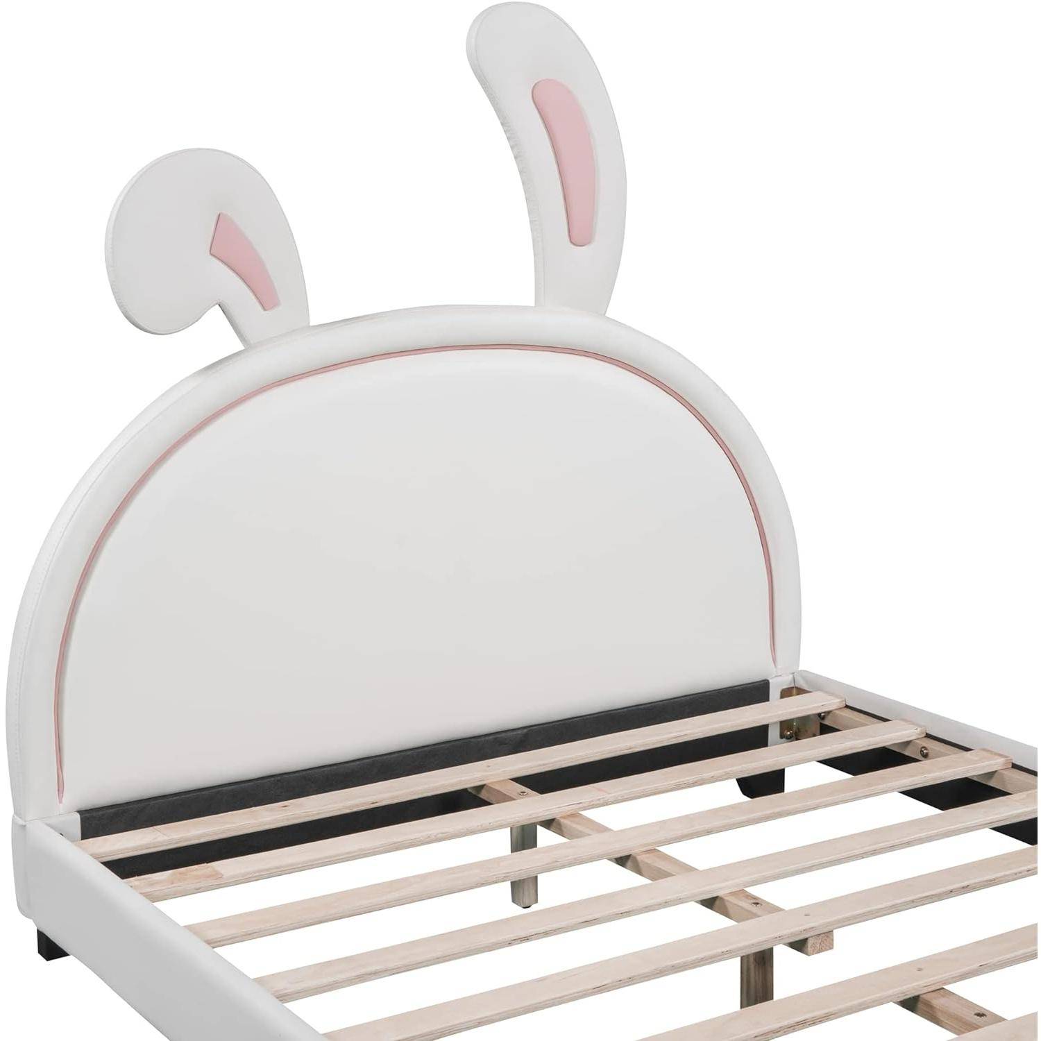 Twin Rabbit Upholstered Bed Frame – Princess PU Platform with Slatted Stand, Perfect for Children’s Bedroom Kids’ Room Twin Rabbit Upholstered Bed Frame - Princess PU Platform with Slatted Stand, Perfect for Children's Bedroom Kids' Room