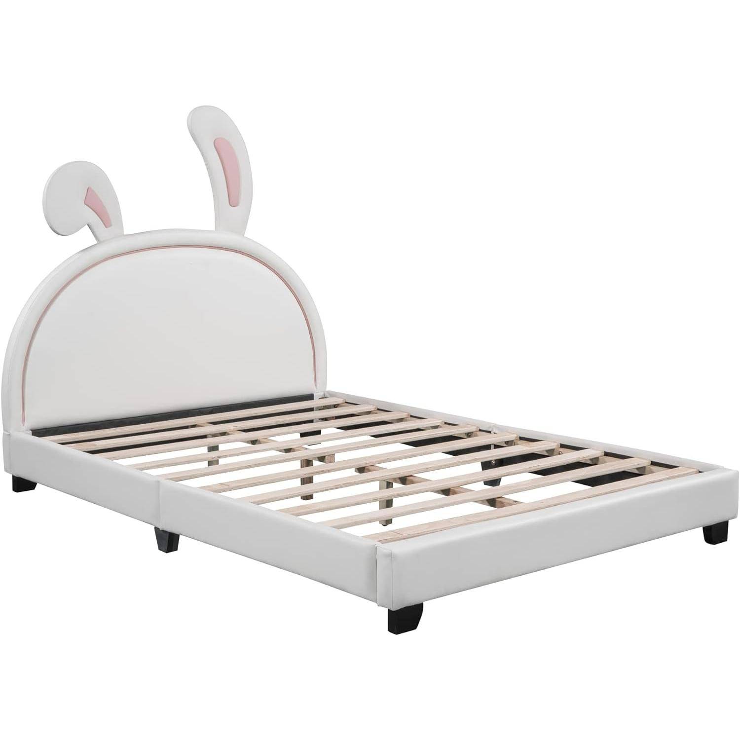 Twin Rabbit Upholstered Bed Frame – Princess PU Platform with Slatted Stand, Perfect for Children’s Bedroom Kids’ Room Twin Rabbit Upholstered Bed Frame - Princess PU Platform with Slatted Stand, Perfect for Children's Bedroom Kids' Room