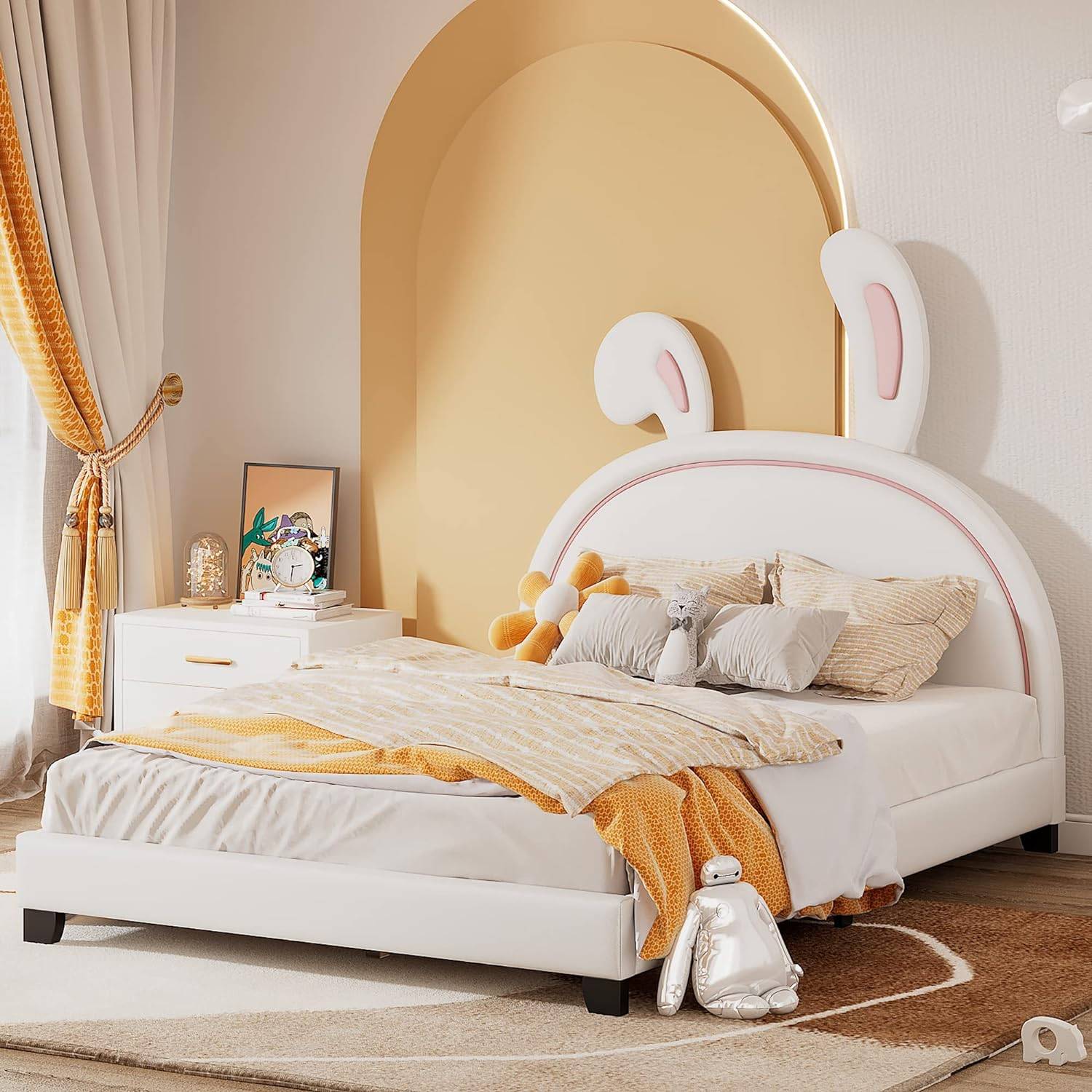 Twin Rabbit Upholstered Bed Frame – Princess PU Platform with Slatted Stand, Perfect for Children’s Bedroom Kids’ Room Twin Rabbit Upholstered Bed Frame - Princess PU Platform with Slatted Stand, Perfect for Children's Bedroom Kids' Room