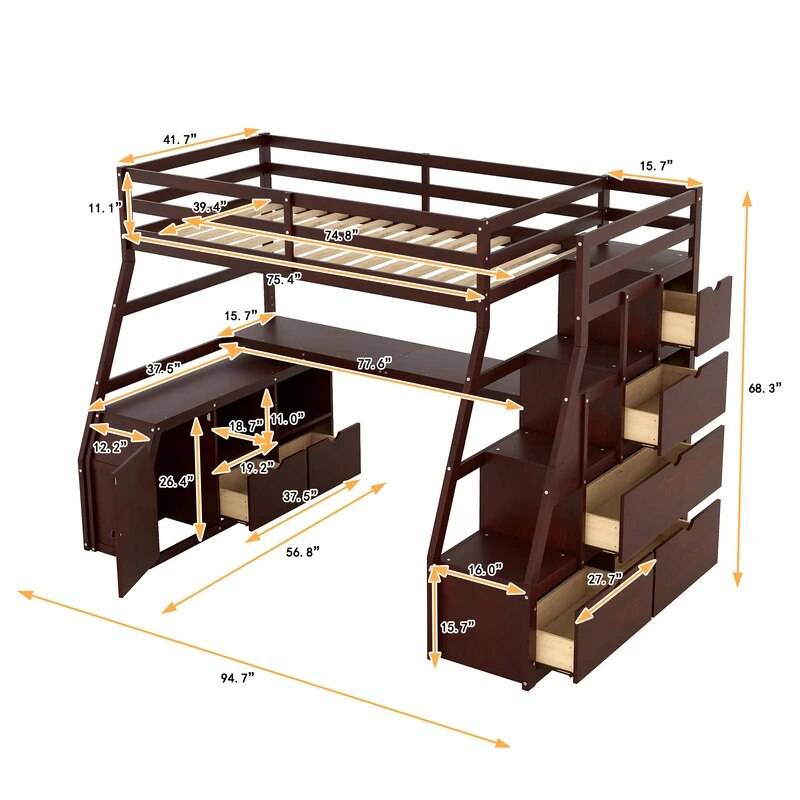 Twin-Size Loft Bed with Desk, 7 Drawers & 2 Shelves – Multi-Functional Indoor Bedroom Furniture Kids’ Room Twin-Size Loft Bed with Desk, 7 Drawers & 2 Shelves - Multi-Functional Indoor Bedroom Furniture Kids' Room