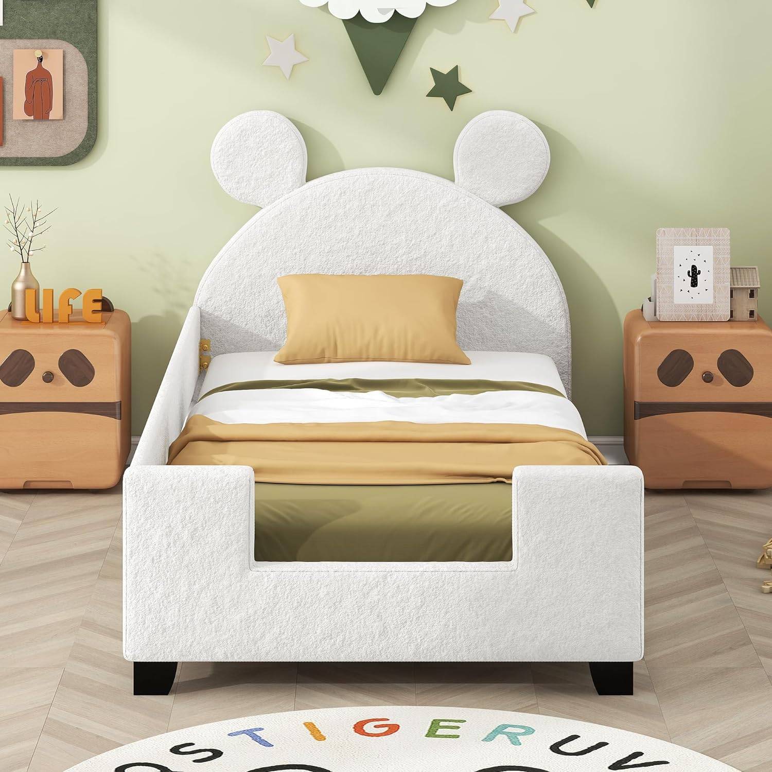 Twin Size Teddy Fleece Daybed Frame with Cartoon Ears Headboard - Versatile Sofa Bed for Kids Kids' Room 