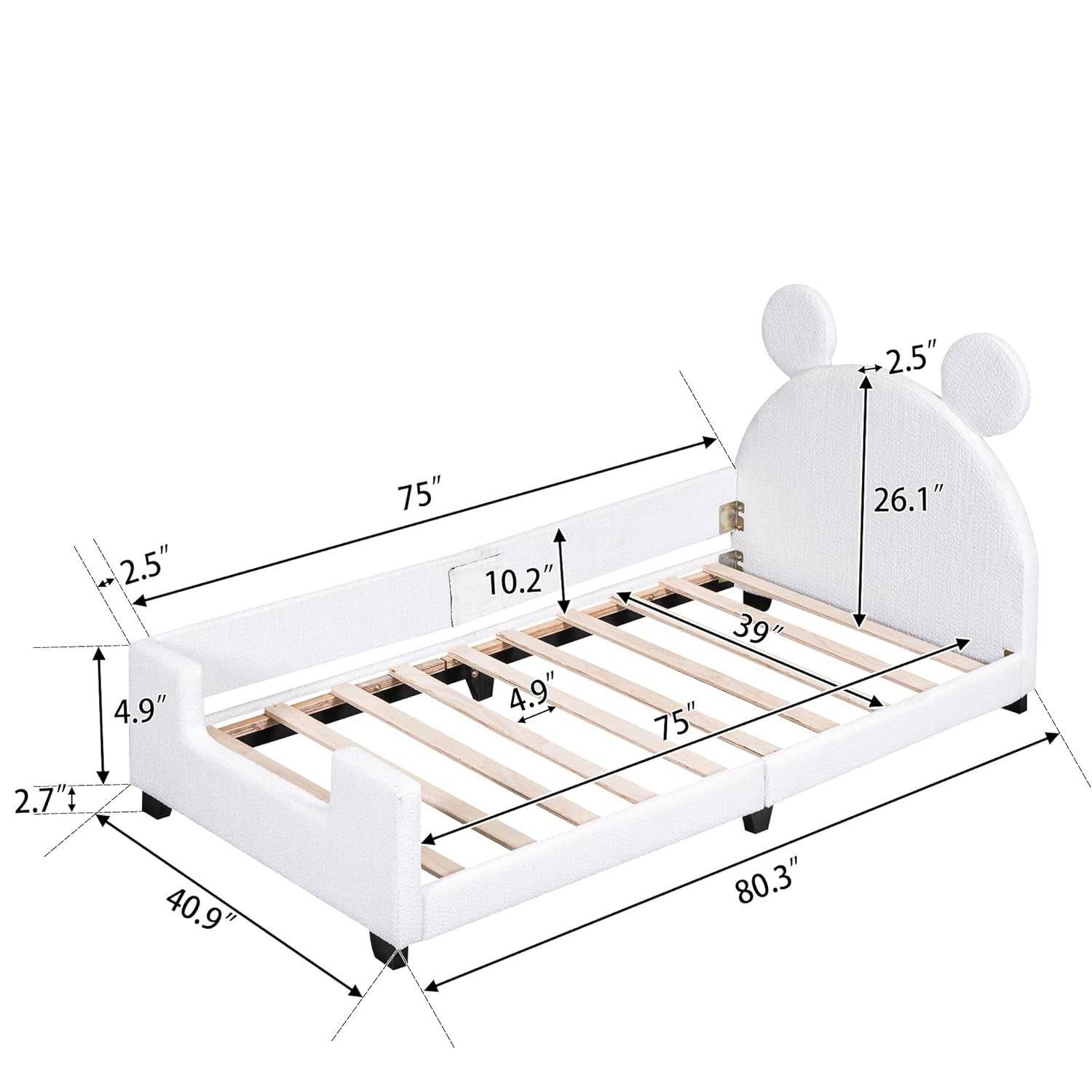 Twin Size Teddy Fleece Daybed Frame with Cartoon Ears Headboard - Versatile Sofa Bed for Kids Kids' Room 