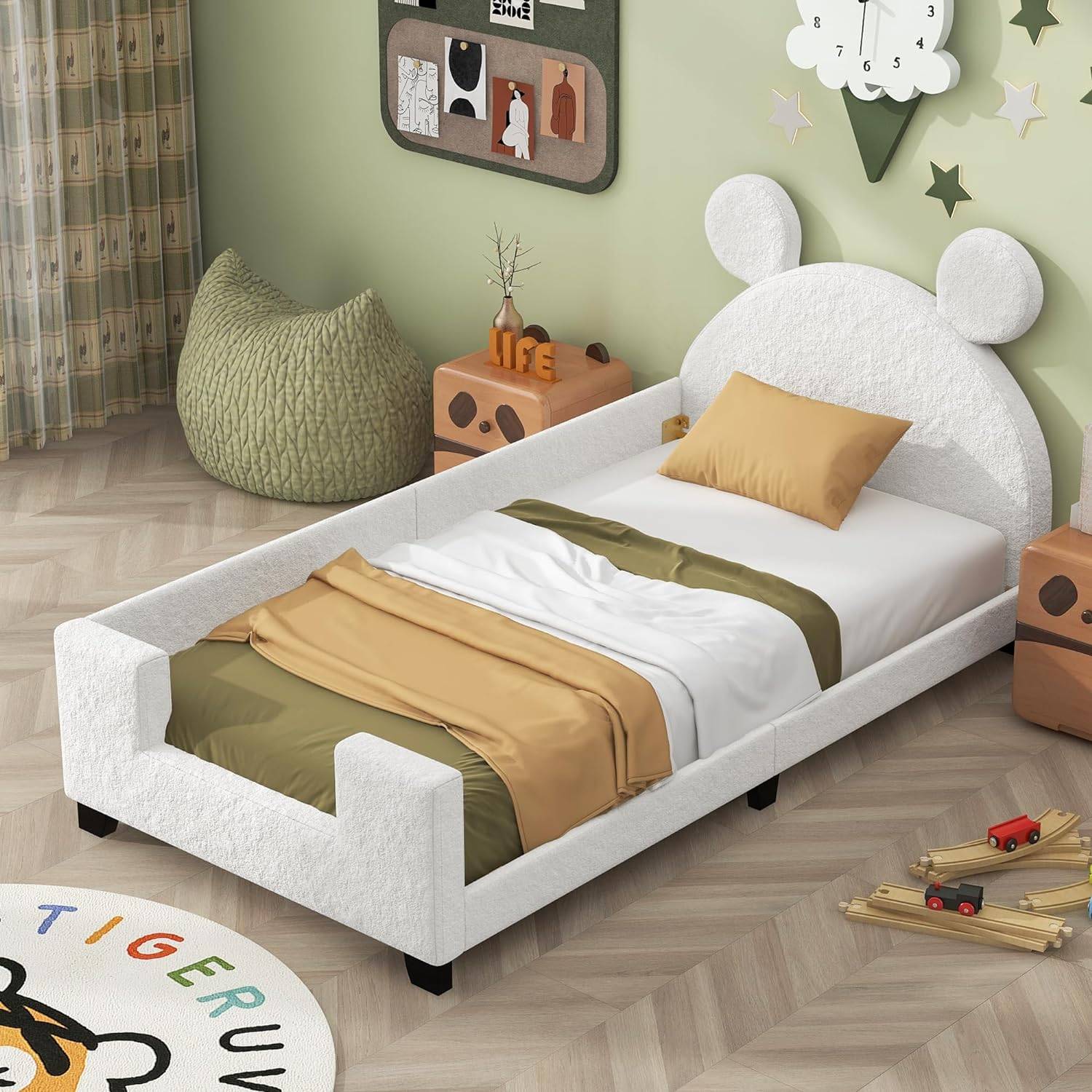 Twin Size Teddy Fleece Daybed Frame with Cartoon Ears Headboard - Versatile Sofa Bed for Kids Kids' Room 