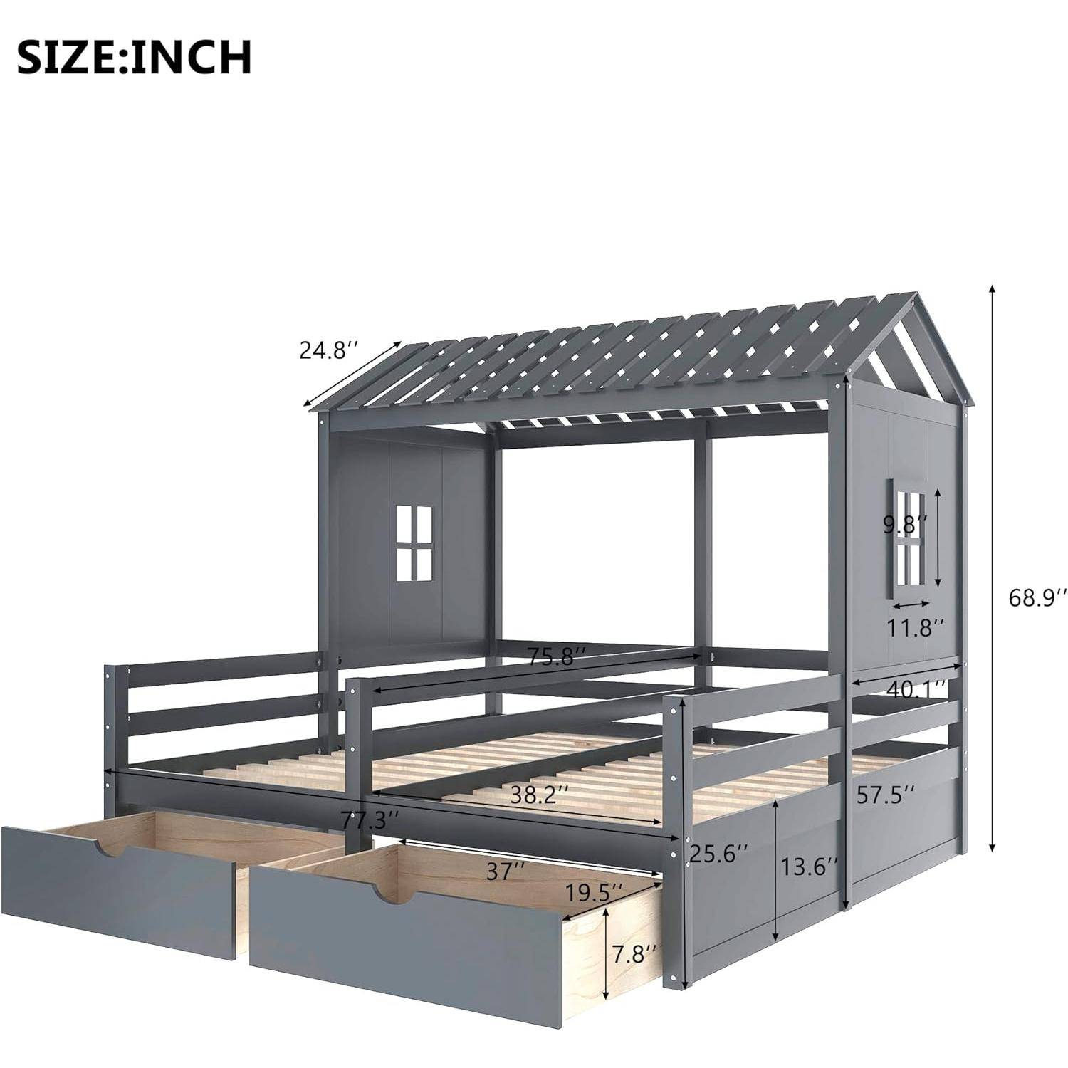 Twin Size Wooden House-Shaped Double Platform Bed with Storage for Kids – Gray Kids’ Room Twin Size Wooden House-Shaped Double Platform Bed with Storage for Kids - Gray Kids' Room
