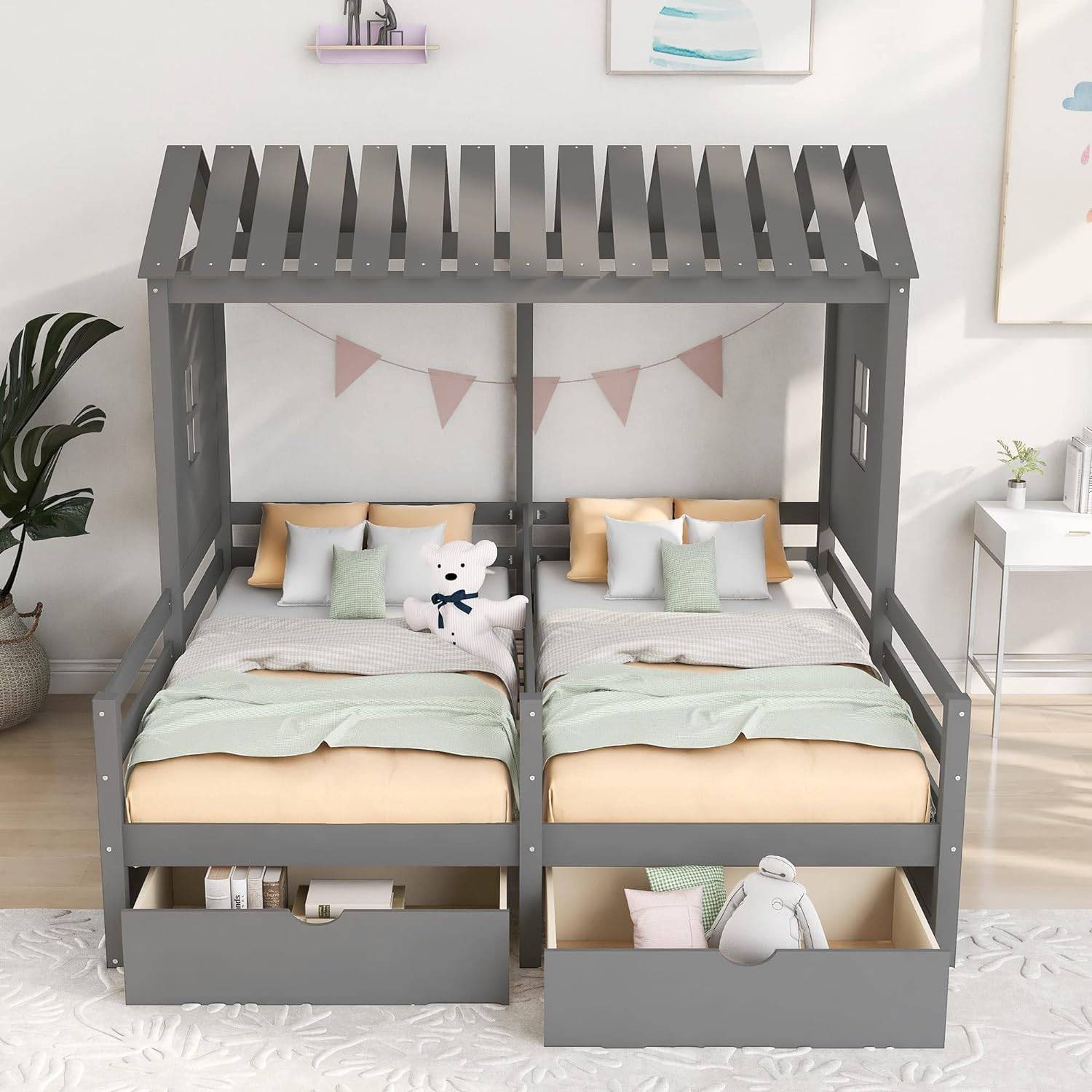 Twin Size Wooden House-Shaped Double Platform Bed with Storage for Kids – Gray Kids’ Room Twin Size Wooden House-Shaped Double Platform Bed with Storage for Kids - Gray Kids' Room