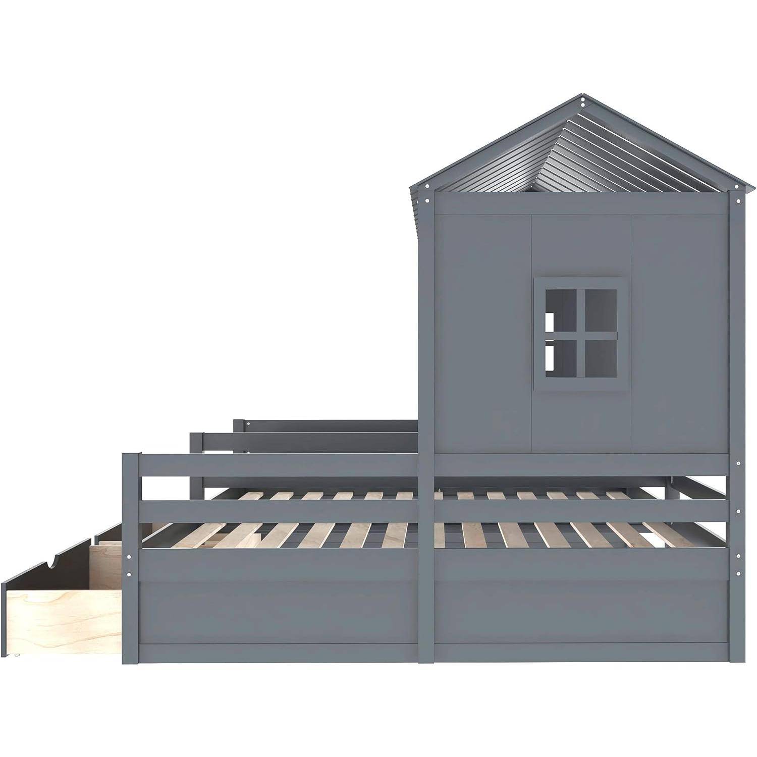 Twin Size Wooden House-Shaped Double Platform Bed with Storage for Kids – Gray Kids’ Room Twin Size Wooden House-Shaped Double Platform Bed with Storage for Kids - Gray Kids' Room