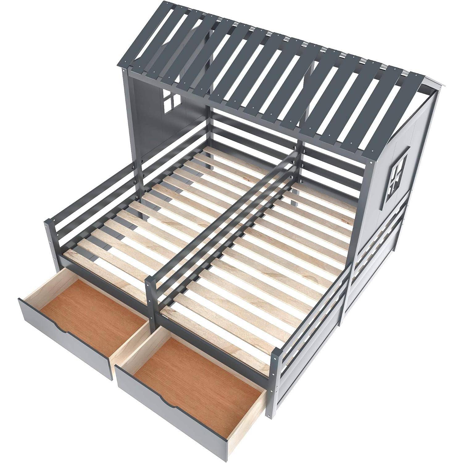 Twin Size Wooden House-Shaped Double Platform Bed with Storage for Kids – Gray Kids’ Room Twin Size Wooden House-Shaped Double Platform Bed with Storage for Kids - Gray Kids' Room