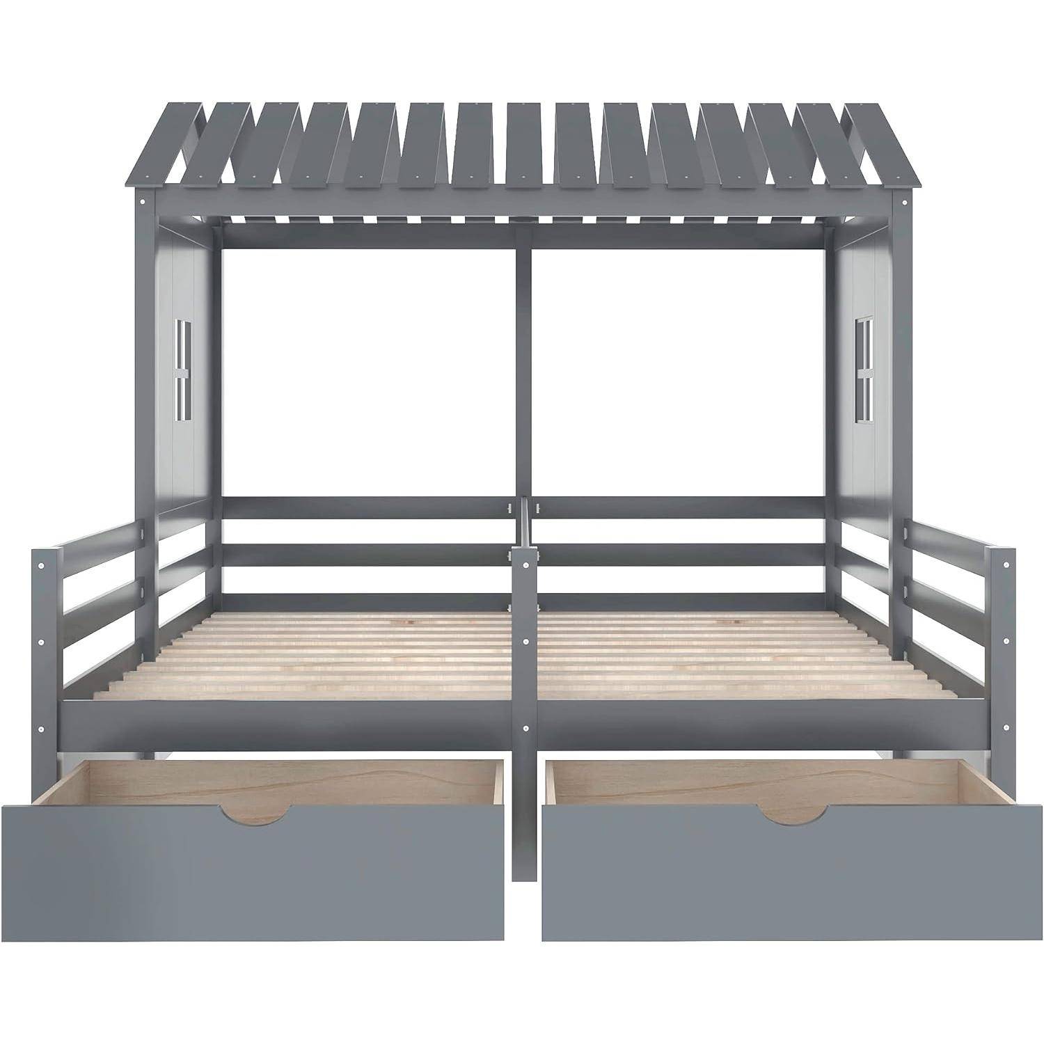 Twin Size Wooden House-Shaped Double Platform Bed with Storage for Kids – Gray Kids’ Room Twin Size Wooden House-Shaped Double Platform Bed with Storage for Kids - Gray Kids' Room