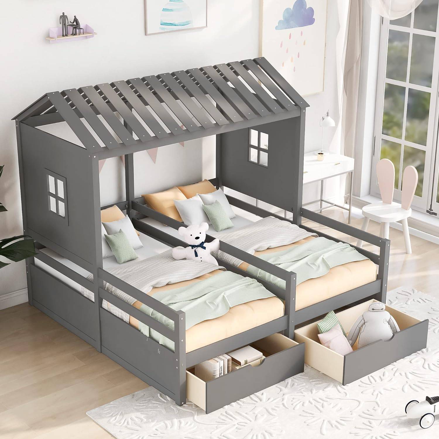 Twin Size Wooden House-Shaped Double Platform Bed with Storage for Kids – Gray Kids’ Room Twin Size Wooden House-Shaped Double Platform Bed with Storage for Kids - Gray Kids' Room
